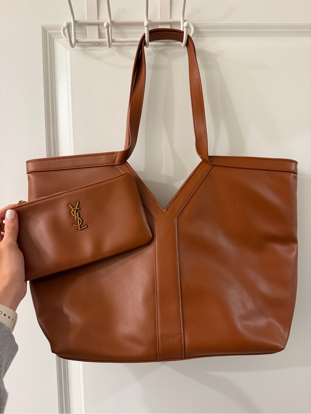 Brown Leather Tote with Matching Pouch